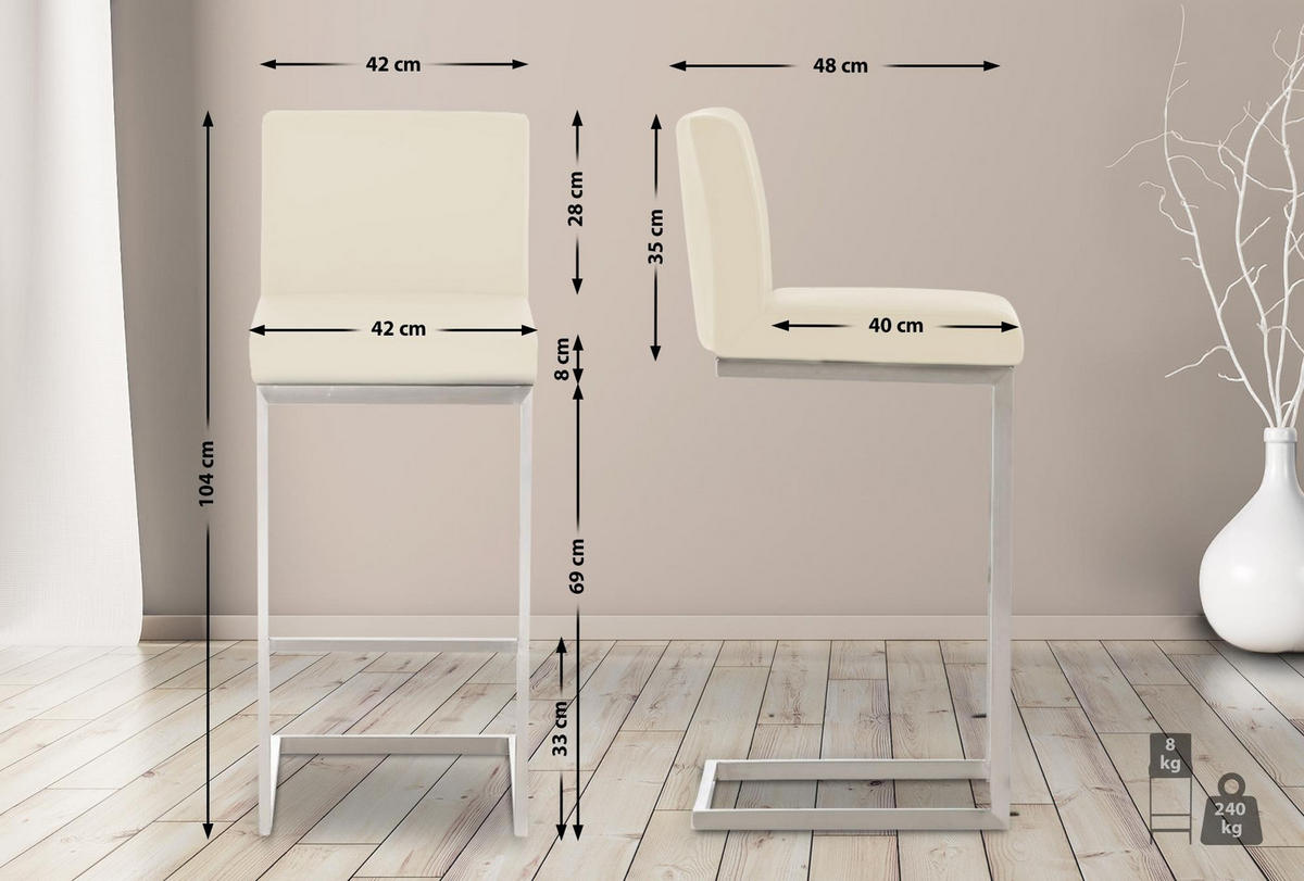 BARHOCKER Paros 104x42x48 cm creme - Creme, Leder (42/104/48cm) - furnicato
