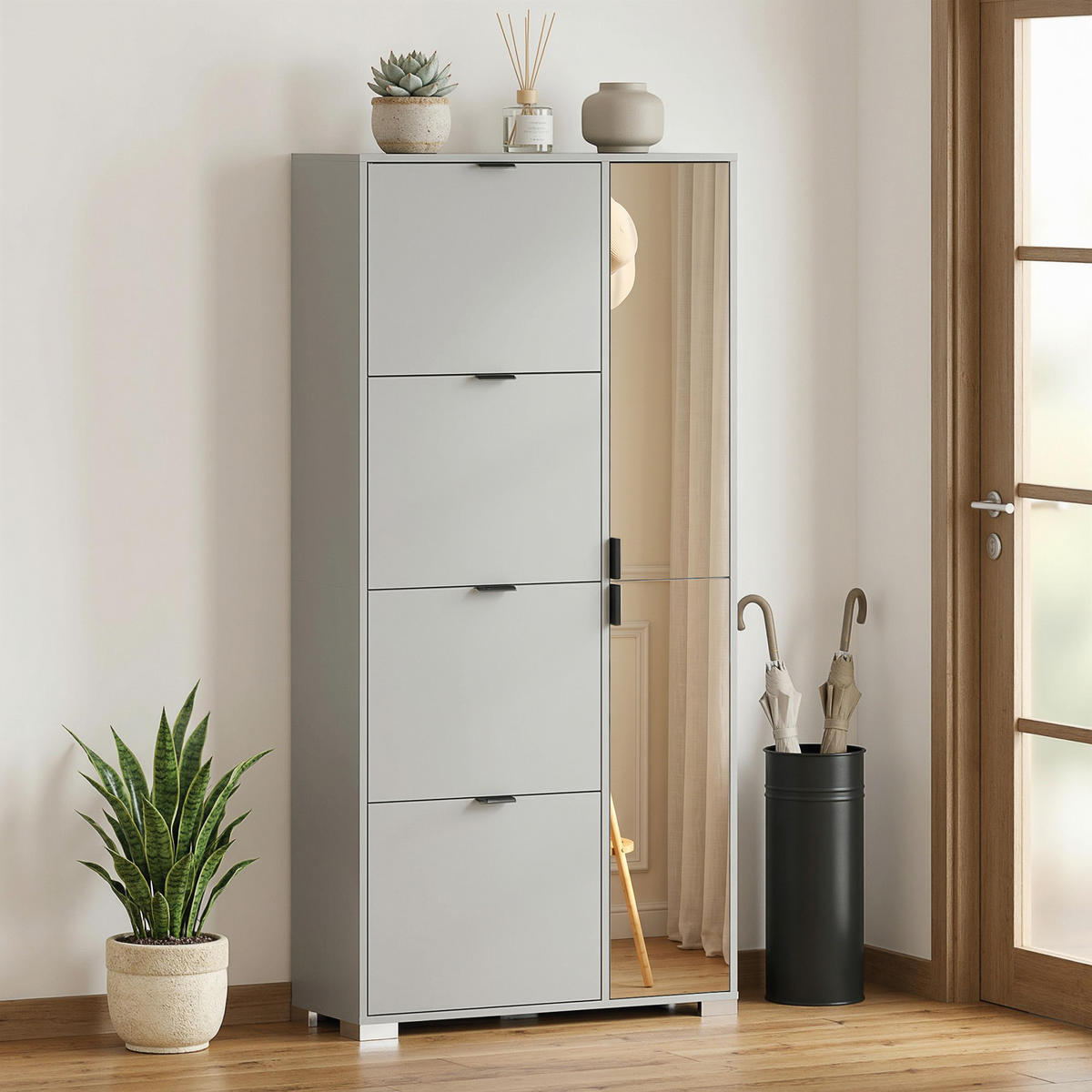SCHUHREGAL,4 Klappschubladen mit Spiegel,grau - Grau, Holzwerkstoff (82/168/30cm) - Vallsero