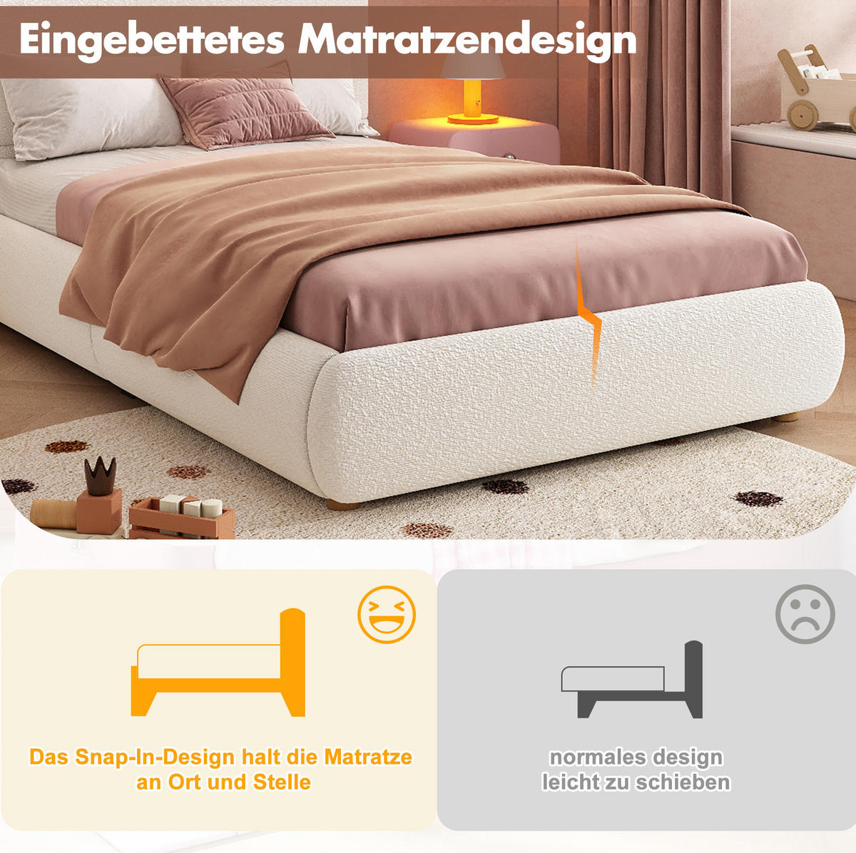 POLSTERBETT 90/200 cm mit hydraulischem Stauraum, LED-Beleuchtung und Bouclé-Bezug, Weiß - Weiß, Textil (90/200cm) - Redom