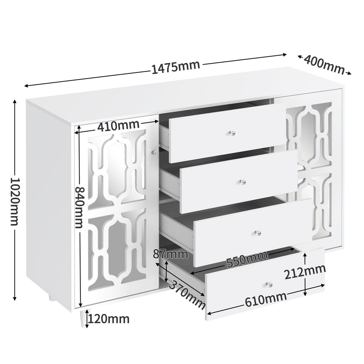 SKŘÍŇ na nádobí 147,5/40/102 cm bílá, MDF se zrcadlovým povrchem a skleněnými úchytkami - bílá, kompozitní dřevo (147.5/102/40cm) - BEAOK