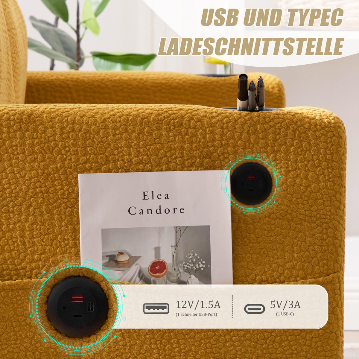 ZWEISITZER Sofa Chenille mit USB-Anschluss und LED Getränkehalter 203/77,5/86 cm Gelb - Gelb, Textil (77.5/86/203cm) - Redom