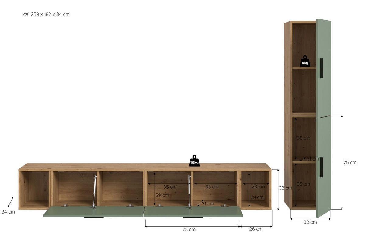 WOHNKOMBINATION THE ONE (B/H/T: ca. 259/182/34 cm) in Artisan Oak Nachbildung/Smoke Green - Eiche Artisan, Holzwerkstoff (259/182/34cm)