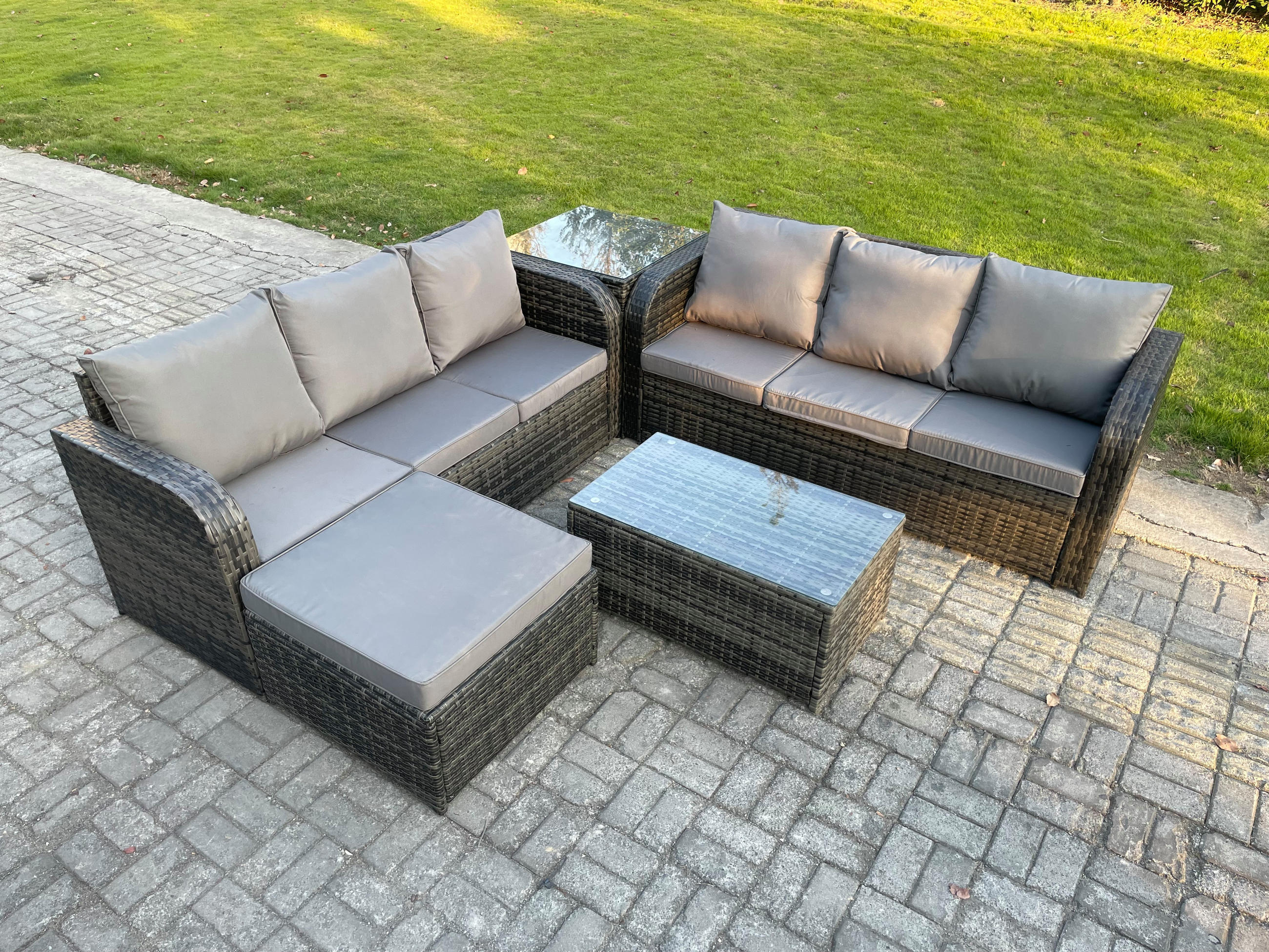 GARTENMÖBEL-SET mit Kissen Polyrattan Dunkelgrau 7-Sitzer - Dunkelgrau/Grau, Glas/Kunststoff - Fimous