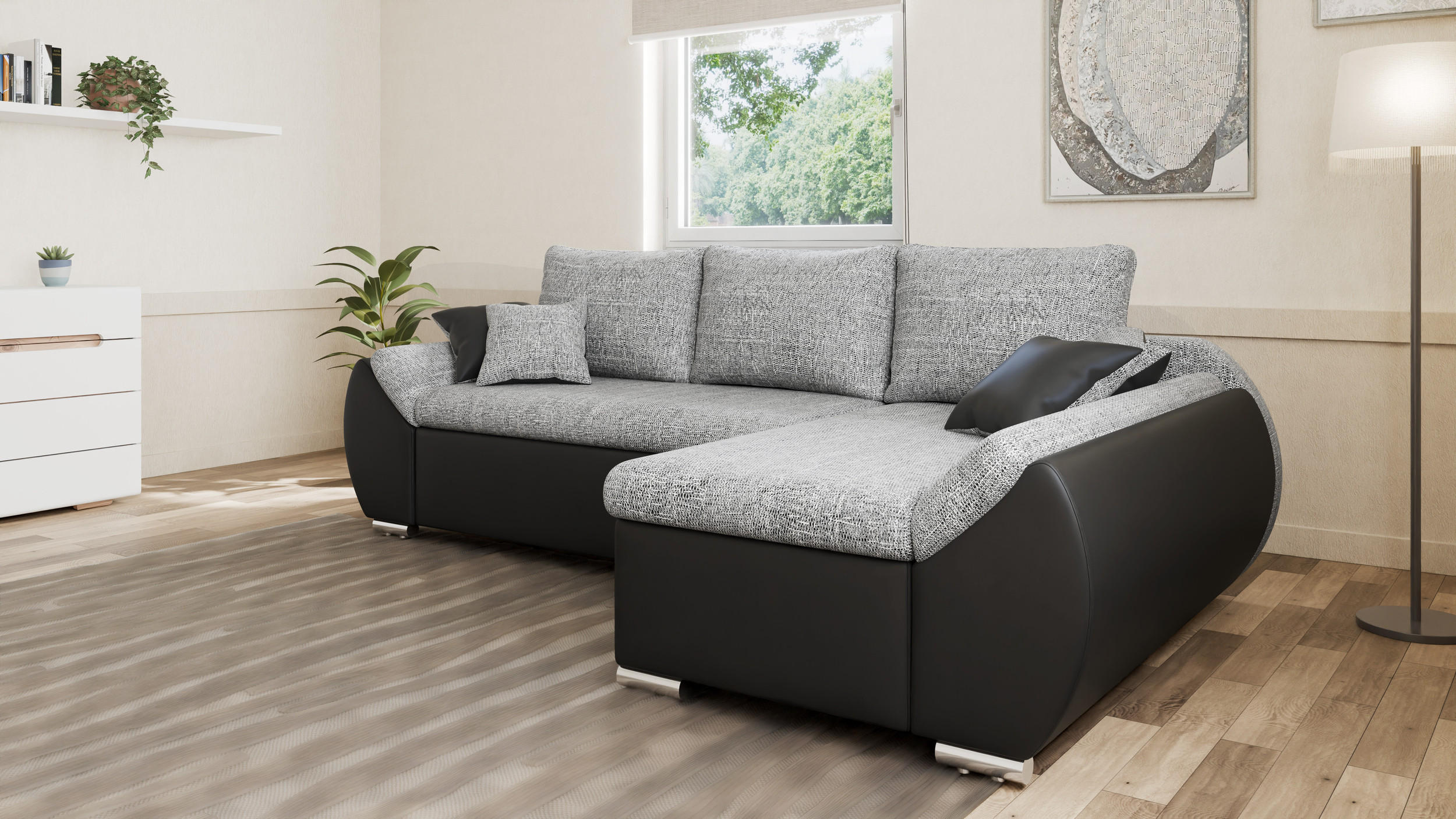 ECKSOFA - ALEX – Grau + Schwarz (Lawa 05 + Soft 11) - Rechts - Grau, Holzwerkstoff/Metall (275/155cm) - Möblo