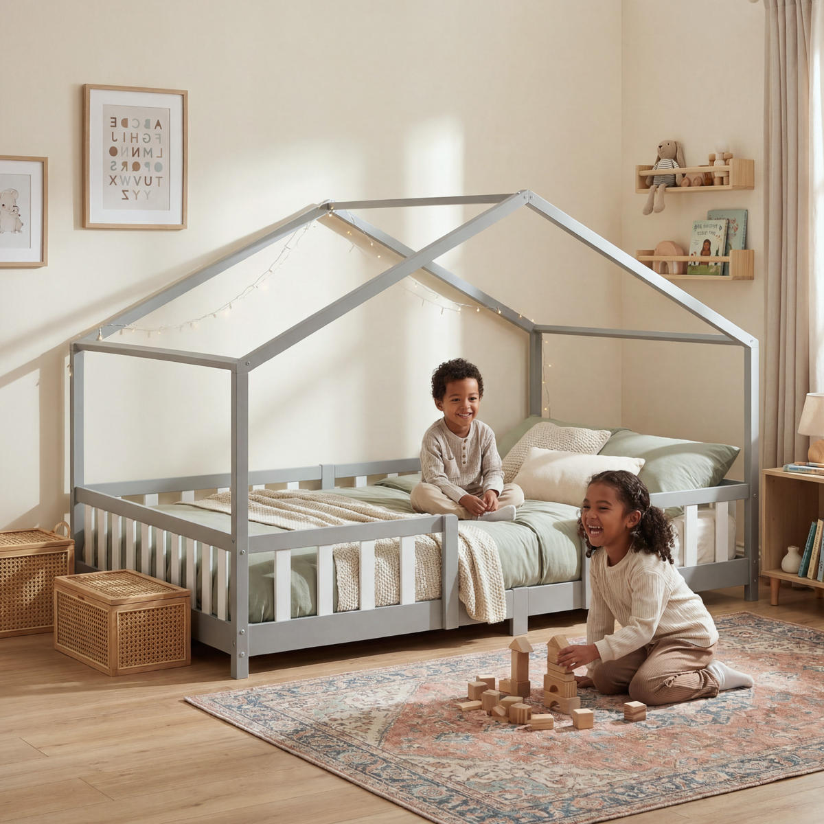 HAUSBETT Treviolo mit Matratze - Hellgrau/Weiß, Holz/Textil (140/200cm) - [en.casa]