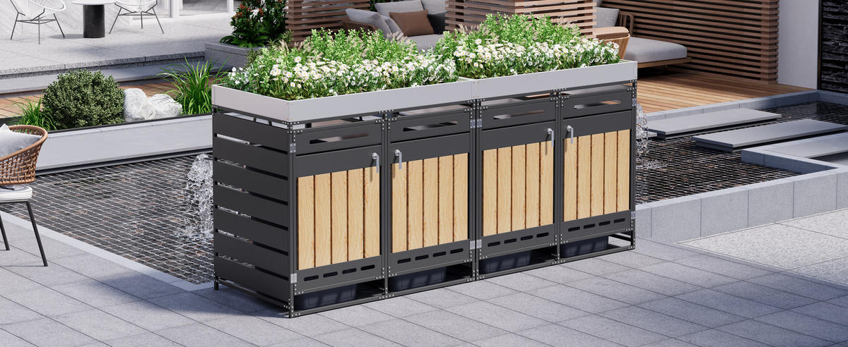 MÜLLTONNENBOX 4er Set Pflanzkasten Holzoptik Schloss - Schwarz, Metall (262/120/79cm) - LEBENLANG