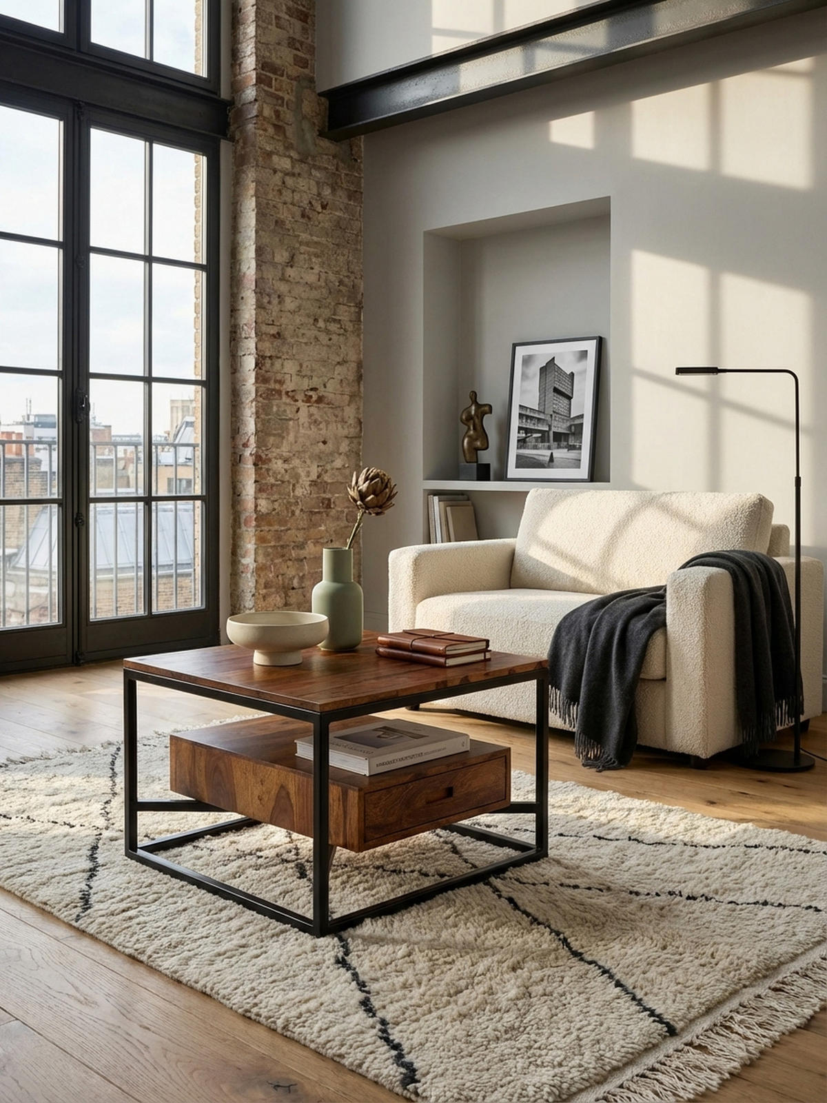 SOFATISCH Sheesham Massivholz und Metall, Quadratisch mit Schublade, Maße 60x60x40 cm - Schwarz/Braun, Holz/Metall (60/60/40cm) - KADIMA DESIGN