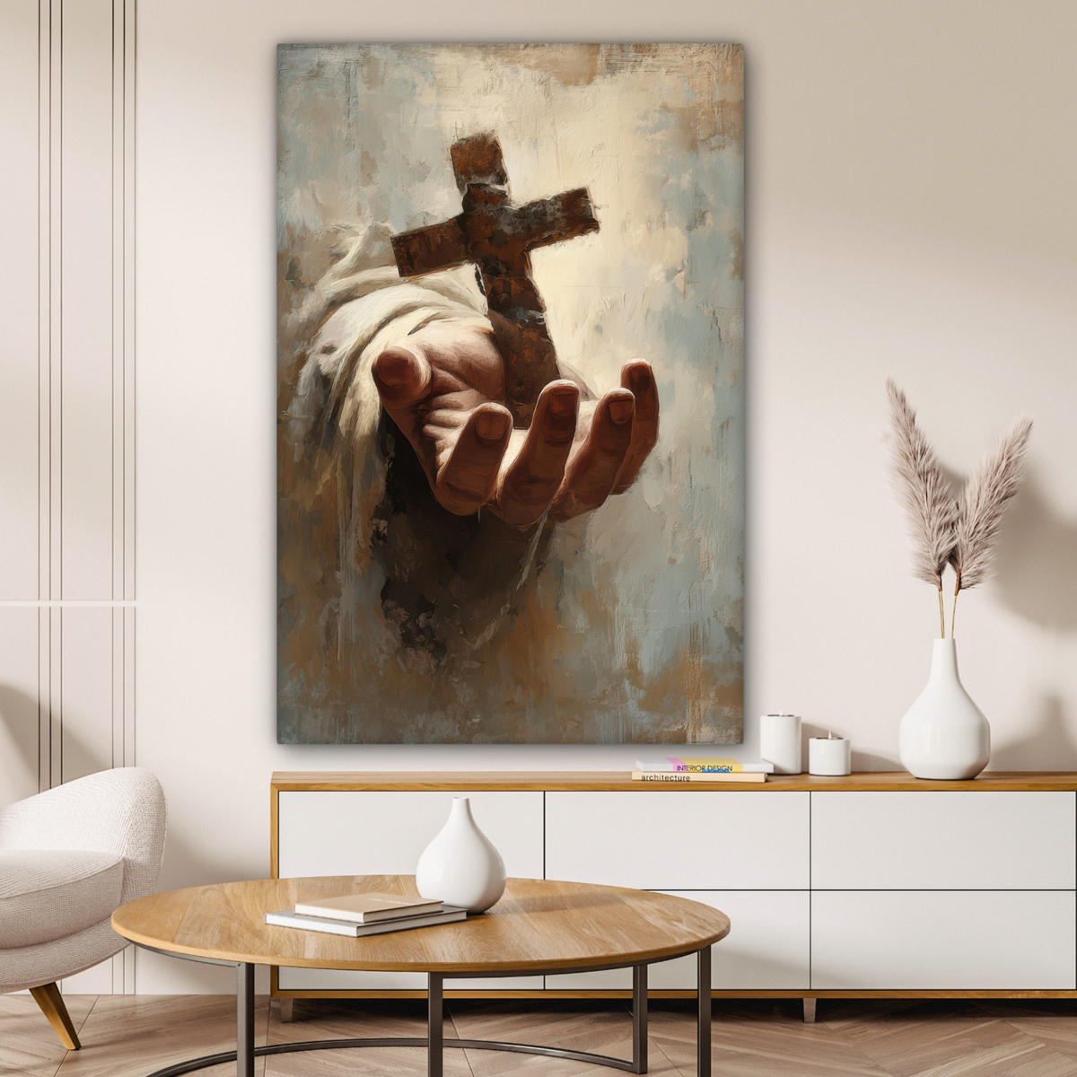 LEINWANDBILD Abstrakt - Kreuz - Hand - Christentum Deko Groß 90x140 cm - Hellbraun, Textil (90/140cm) - MuchoWow