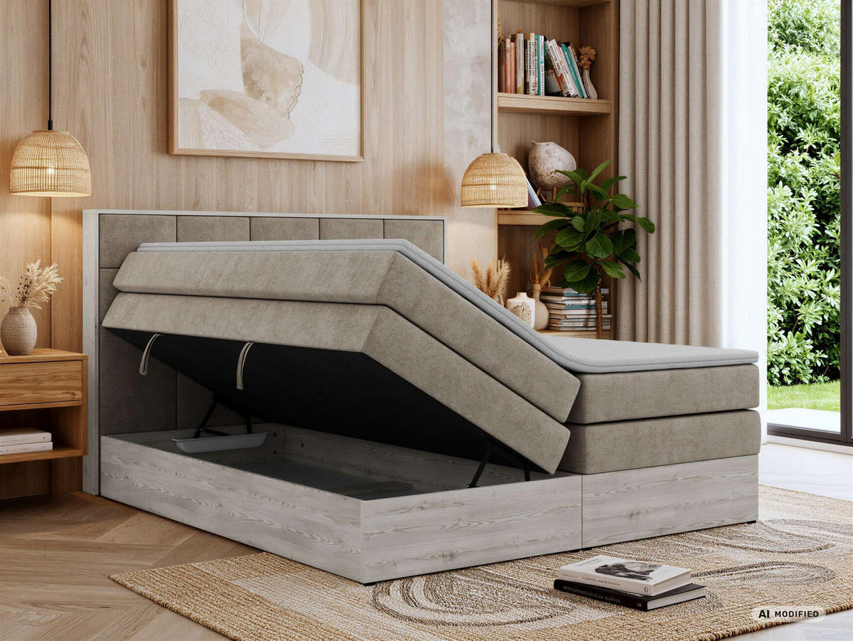 BOXSPRINGBETT ALNOR KING 200/200 - Greige Stukture - Topper Visco - H3 - Greige/Schwarz, Kunststoff/Textil (200/200cm) - MKS