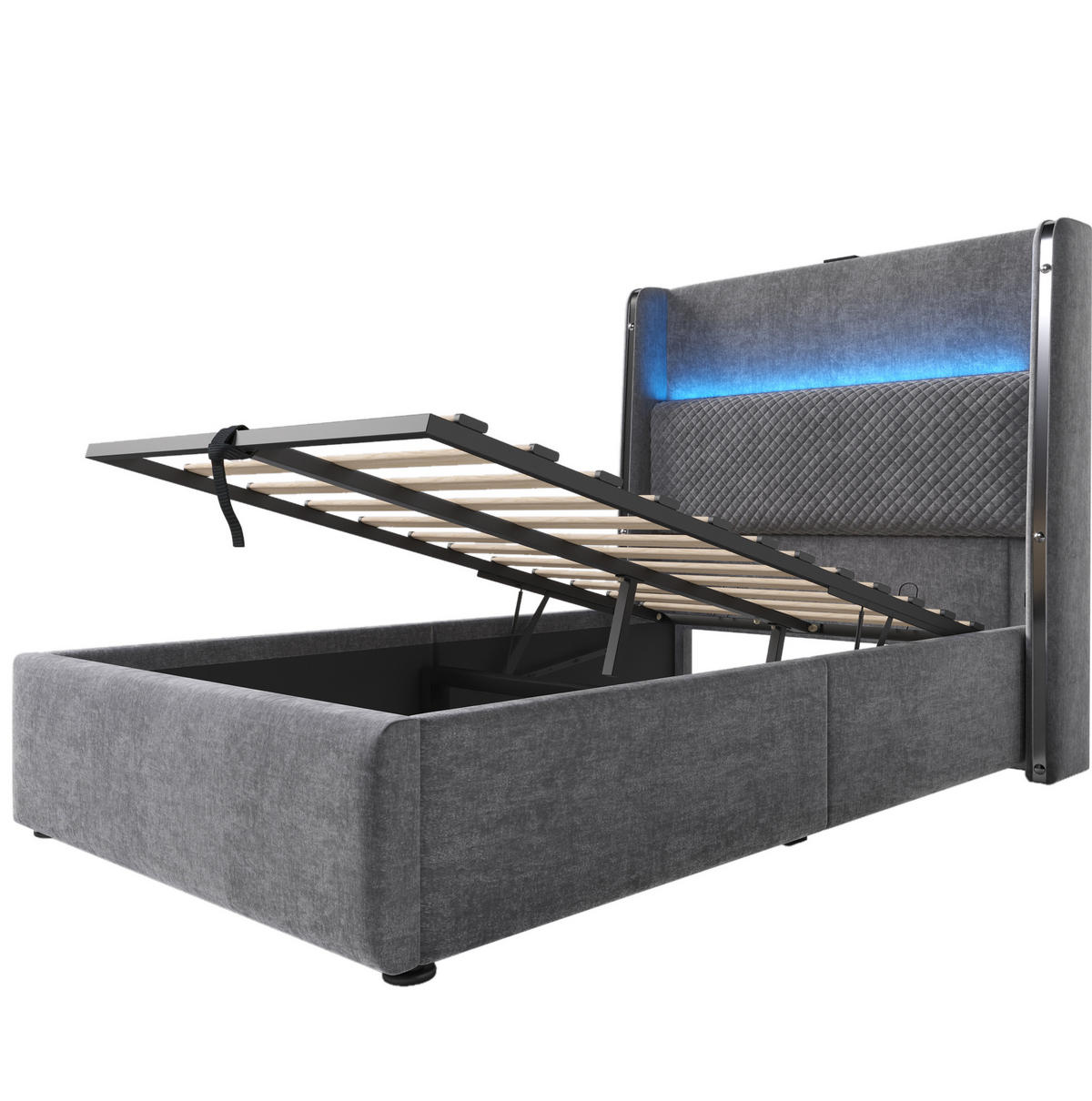 POLNJENA postelja iz lanu 90x200 cm siva z LED osvetlitvijo, USB/Type-C priključkom in hidravličnim predalom - siva, tekstil (90/200cm) - Modfu