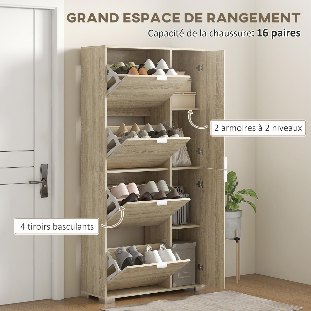 SCHUHSCHRANK DE-15005 4 Klapptüren & 2 Spiegel-Schränke Natur - Eichefarben, Holzwerkstoff (82/168/30cm) - ComfortXL