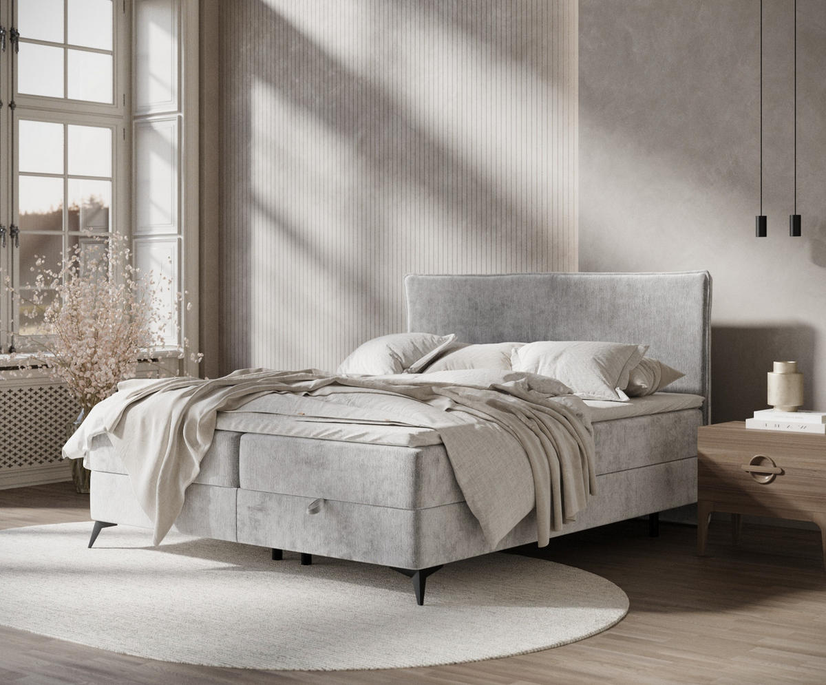 BOXBETT Peru Hellgrau 180/200 cm im Chenille-Stoff - Hellgrau/Schwarz, Holz/Holzwerkstoff (180/200cm) - Maison de Reve