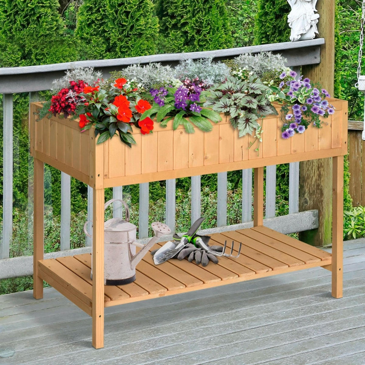 HOCHBEET 110/46/76 cm Naturholz mit 8 Fächer mit Abfluss Ablage - Naturfarben, Holz/Metall (46/76/110cm) - Oxeza