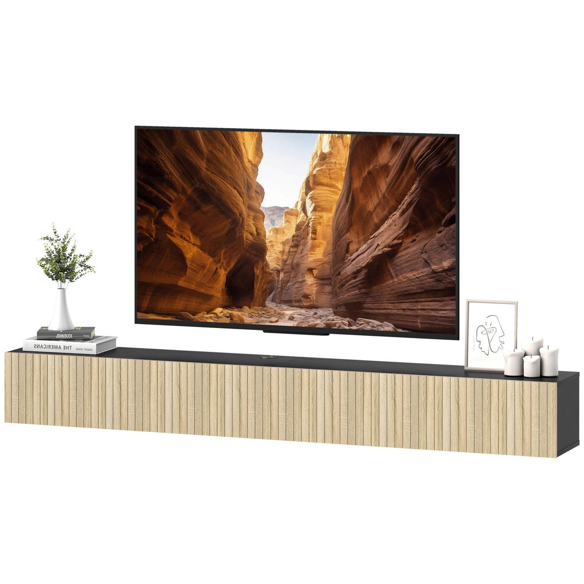 TV-BOARD Naturfarben/Schwarz 140/25/22 cm, Wandmontage, 2 Klappen, Grifflos - Naturfarben, Holzwerkstoff (140/22/25cm) - PANGIVO