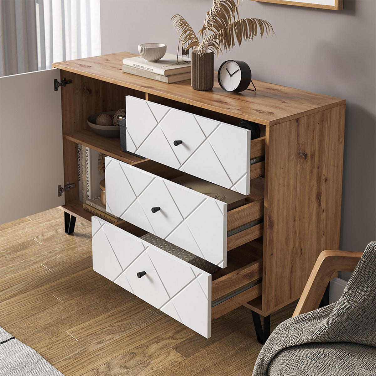 KREDENC Nizza Řemeslný dub - bílá/dub artisan, kompozitní dřevo (40/78/128cm) - Vicco