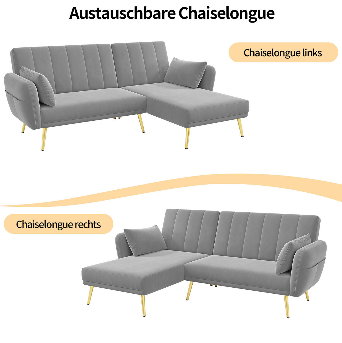 ECKSOFA aus Samt 191,5x130,5x80 cm in Grau mit Schlaffunktion - Grau, Textil (130.5/80/191.5cm) - Modfu