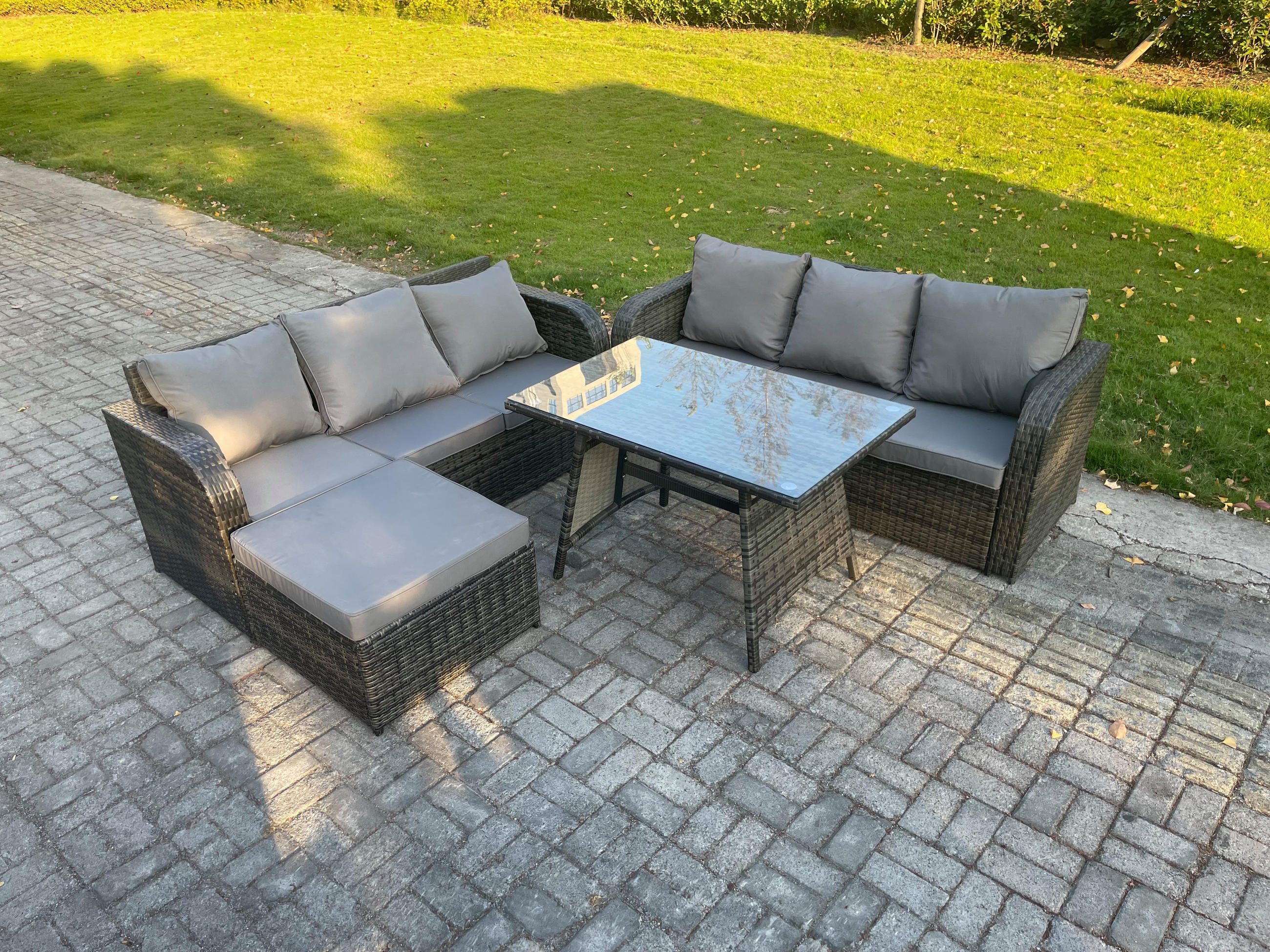 GARTENSET Hohe Rückenlehne Polyrattan 7-Sitzer - Dunkelgrau/Grau, Glas/Kunststoff - Fimous
