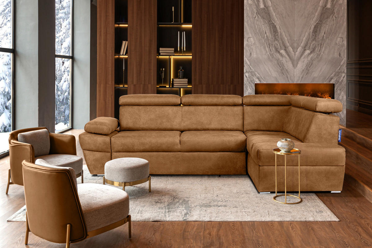SCHLAFECKSOFA RATLO rechts 4/5-Sitzer mit Bettkasten in Lederoptik, orange - Silberfarben/Orange, Textil (270/190cm) - KONSIMO®