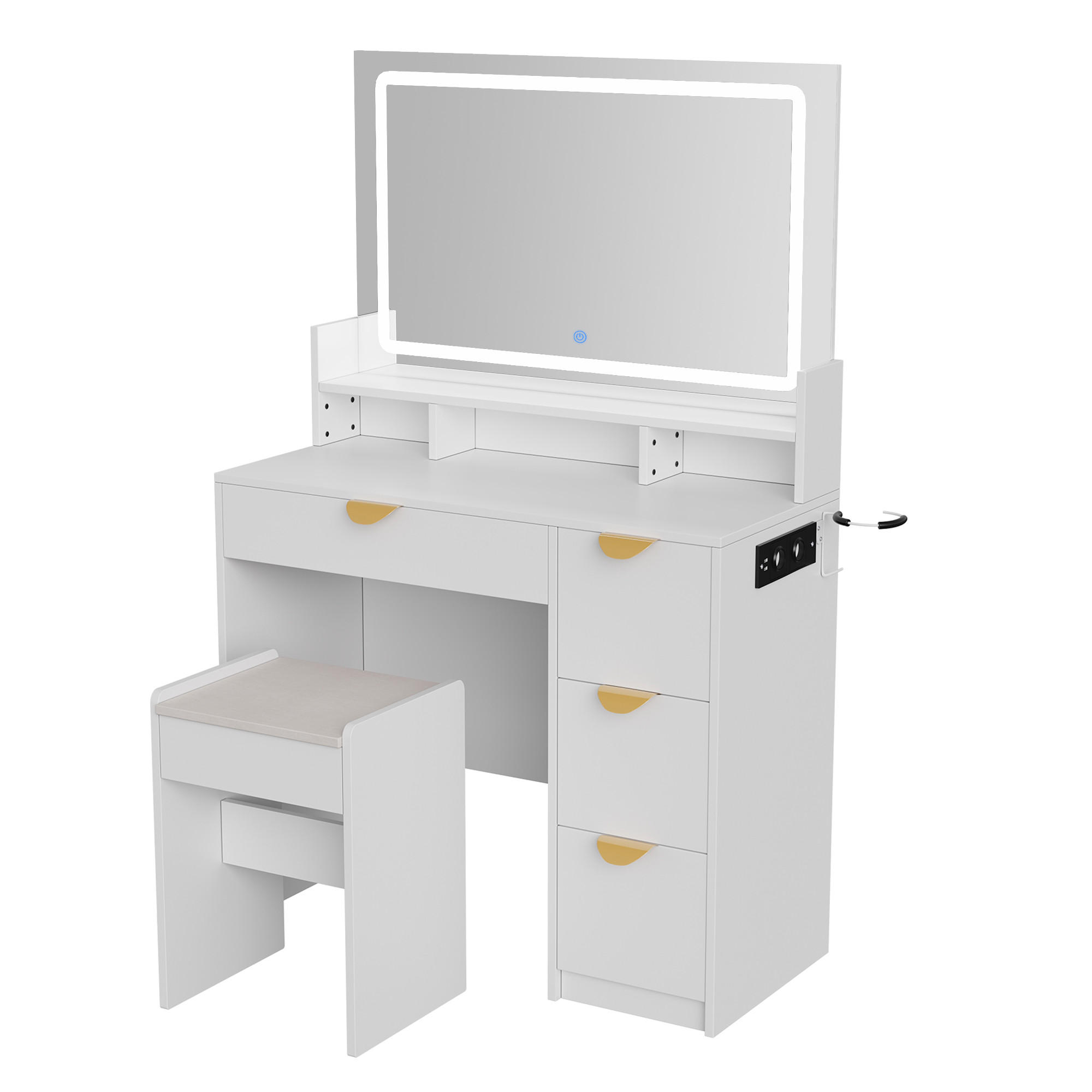 SCHMINKTISCH LED USB 4 Schubladen Hocker weiß - Weiß, Holz (40/140/90cm) - Fortuna Lai