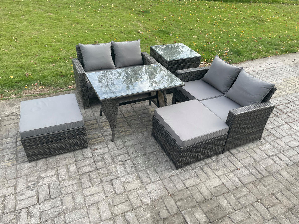 GARTENMÖBELSET mit ESSTISCH,HOCHLEHNER-SOFA Polyrattan Dunkelgrauer Mix 6-Sitzer - Dunkelgrau/Grau, Glas/Kunststoff - Fimous
