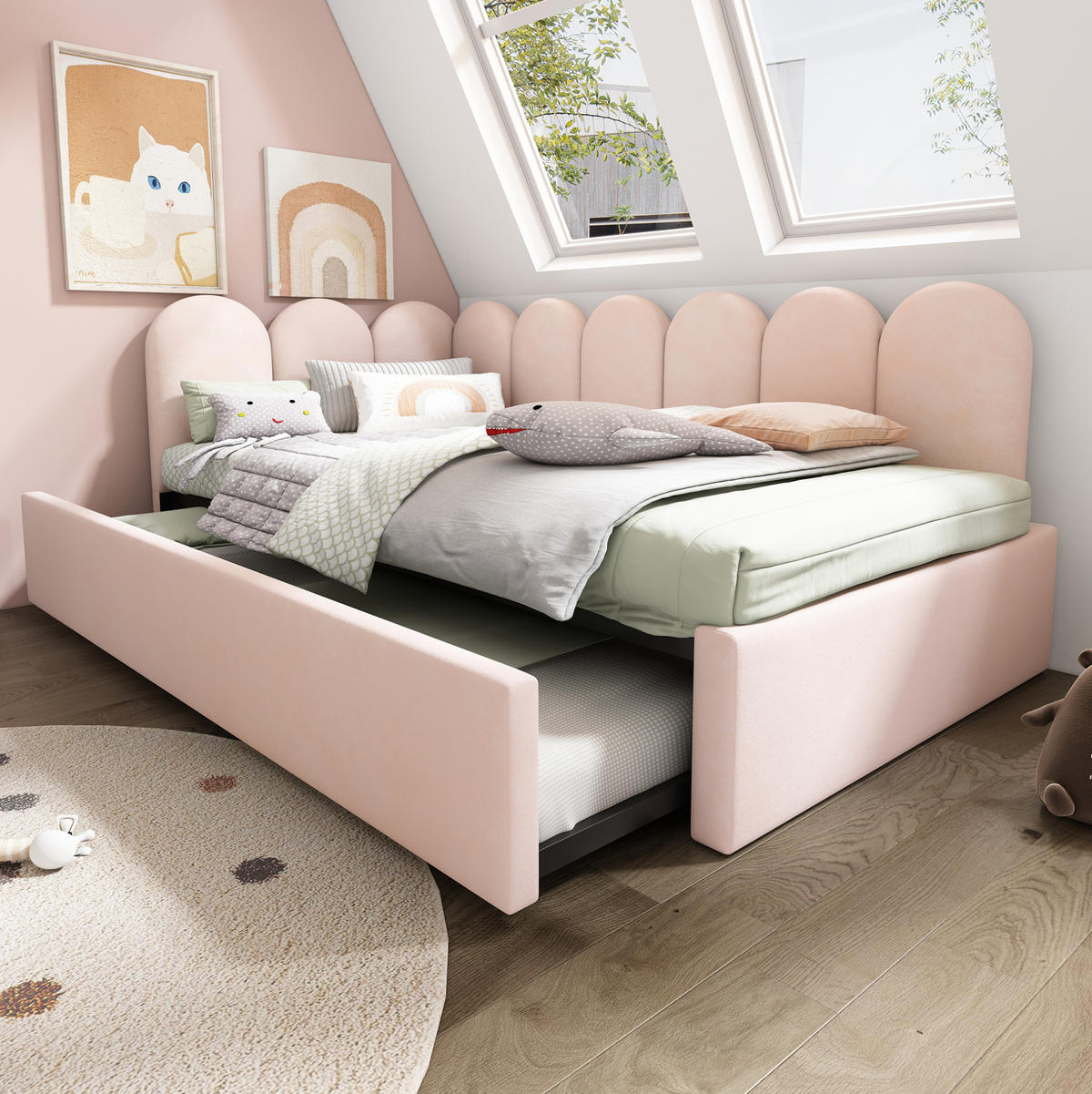 AUSZIEHBETT 90/200 cm Rosa aus Samt mit Lattenrost und Ausziehbett - Rosa, Textil (90/200cm) - Flora Grace