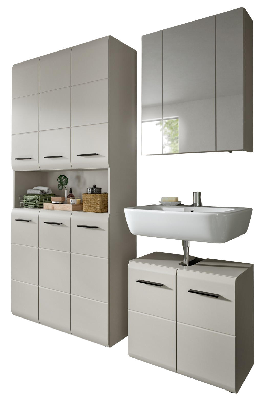 BADMÖBEL-SET Kaschmir 3-teilig 165 cm, Komplettset mit XXL Badschrank - Kaschmir/Schwarz, Glas/Holzwerkstoff (165/185/30cm) - Inn.Furn