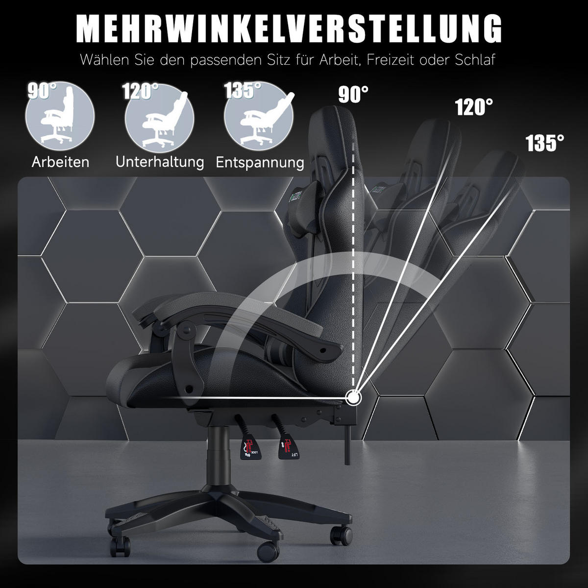 GAMINGSTUHL Schwarz-Grau ergonomisch - Grau, Leder (29/59/79cm) - Rattrix