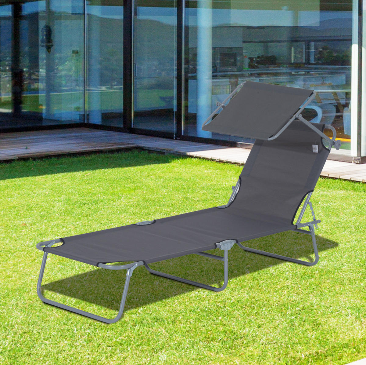 SONNENLIEGE aus Metall 187x58x36 cm in Grau mit verstellbarem Sonnendach - Grau, Metall (58/36/187cm) - Modfu