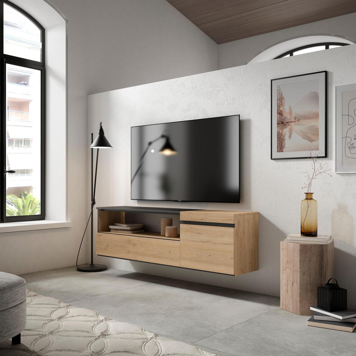 TV-SCHRANK eiche, schwarz, Hängend, 150/35/45cm - Naturfarben, Holzwerkstoff (150/45/35cm) - Skraut Home