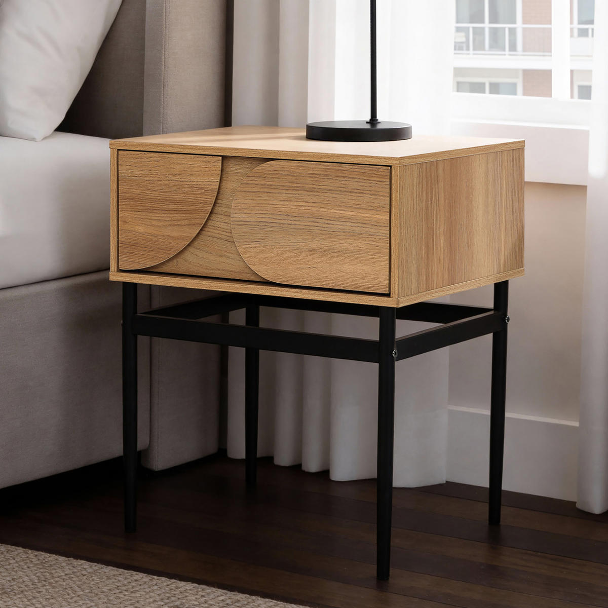 NACHTTISCH Holz mit Schublade, Metallbeinen, Holzoptik | B47.5 x T39 x H58 cm - Braun, Holzwerkstoff (47.5/58/39cm) - Hometopia