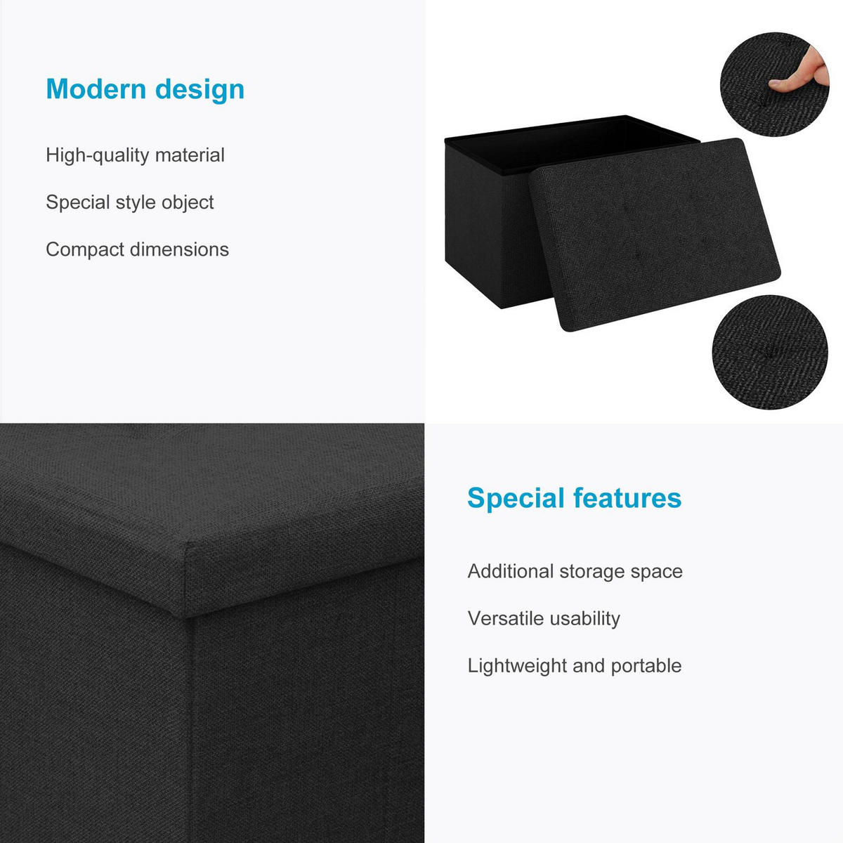 SITZBANK Faltbar mit Stauraum 49/30/30 cm (Schwarz) - Schwarz, Textil (30/30/49cm) - Intirilife