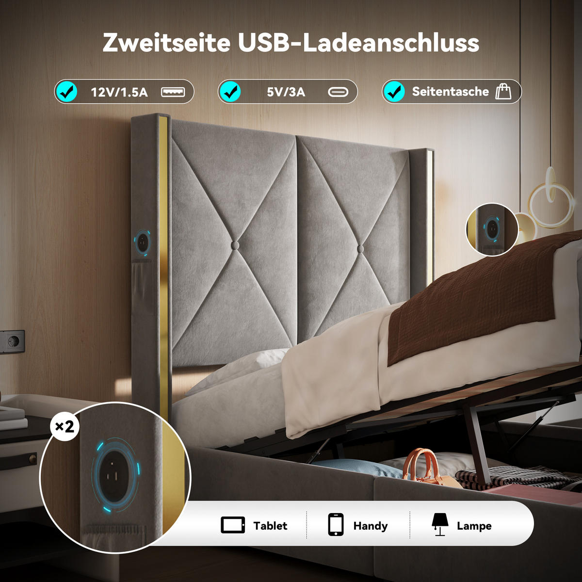 POLSTERBETT 90/200 cm in Dunkelgrau mit Bettkasten, LED, USB und Type-C Samt - Dunkelgrau, Holzwerkstoff/Textil (90/200cm) - STILVORA