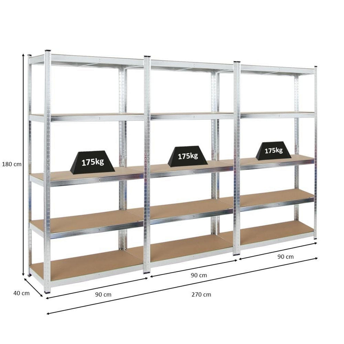 SCHWERLASTREGAL Ragnar 3er-Set mit 3x 180x90x40 cm Fachlast 175 kg Verzinkt - Silberfarben, Metall (270/180/40cm) - PROREGAL