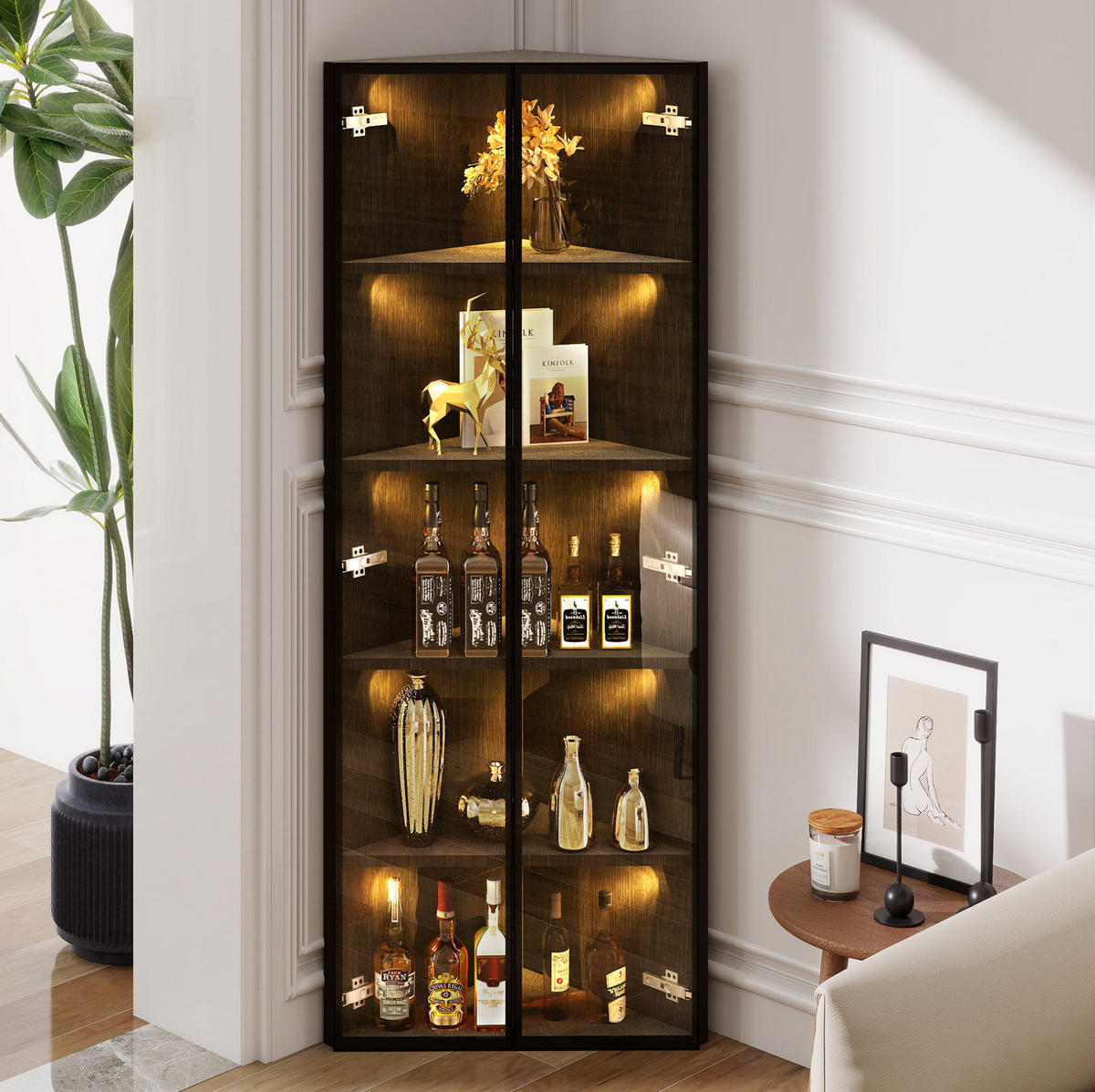 HIGHBOARD 62/35/160 cm in Schwarz mit LED-Beleuchtung und Sicherheitsglas - Schwarz, Holzwerkstoff (62/160/35cm) - Flora Grace