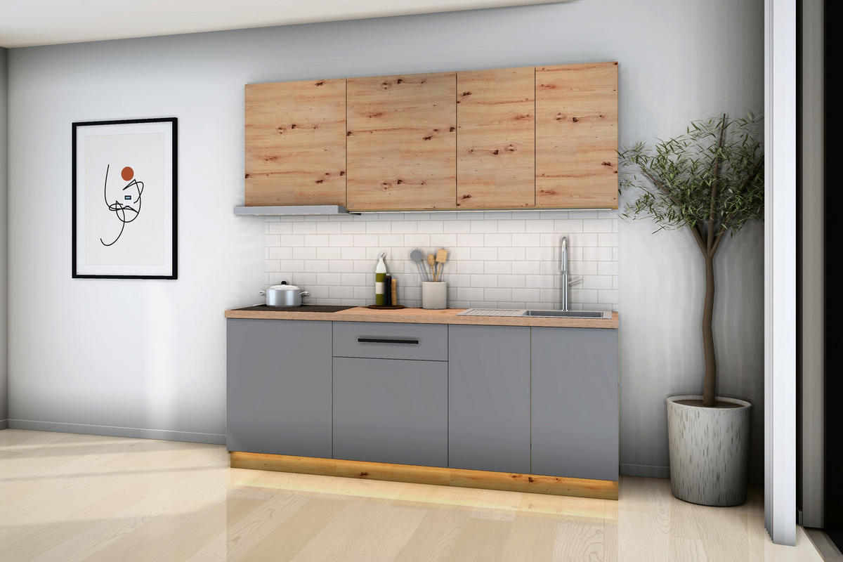 KÜCHENZEILE Nexa Grau & Woodline – 200 cm – K21-G200 - Hellbraun/Eiche Artisan, Holzwerkstoff (200/210/47cm) - ROYAL24_MARKT