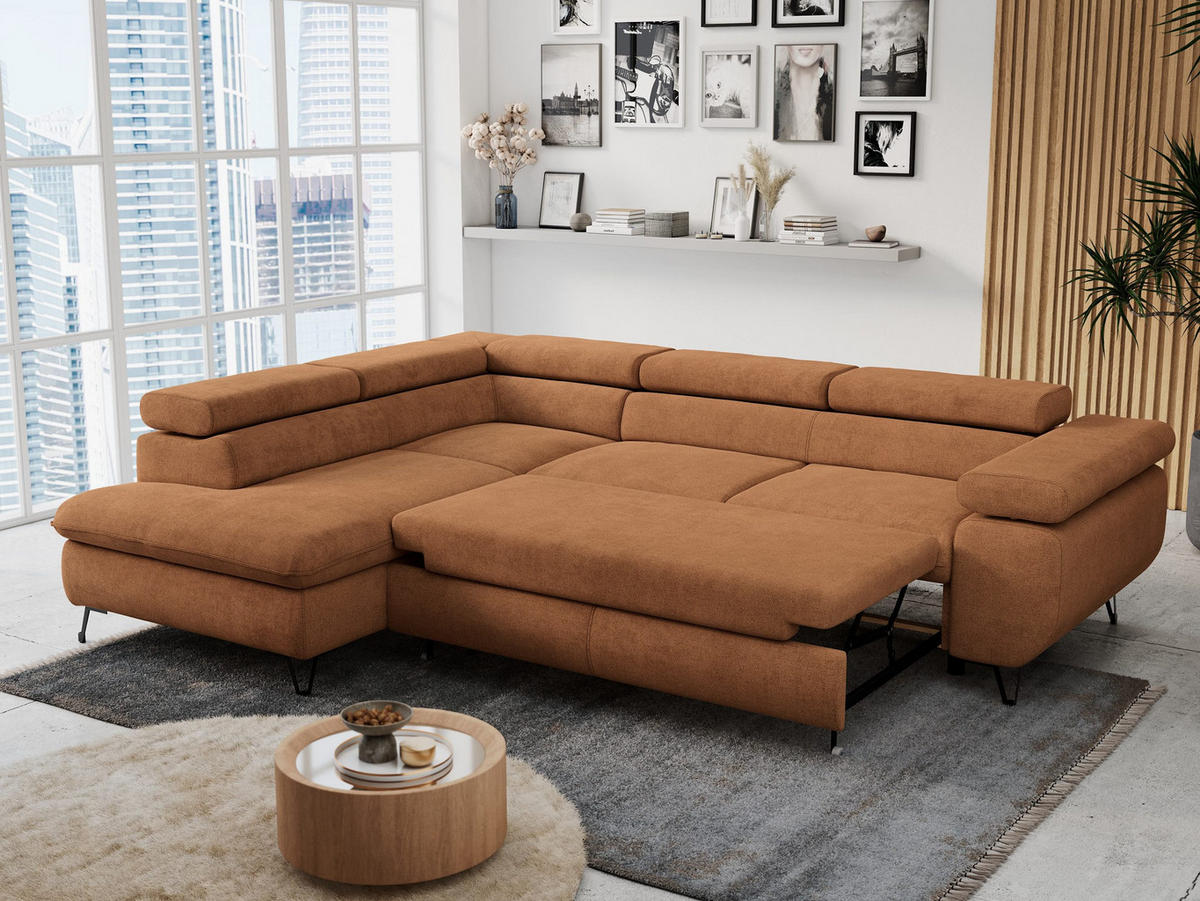 ECKSOFA PETER L Orange Struktur - Links Seite - Schwarz/Orange, Textil/Metall (208/273cm) - MKS