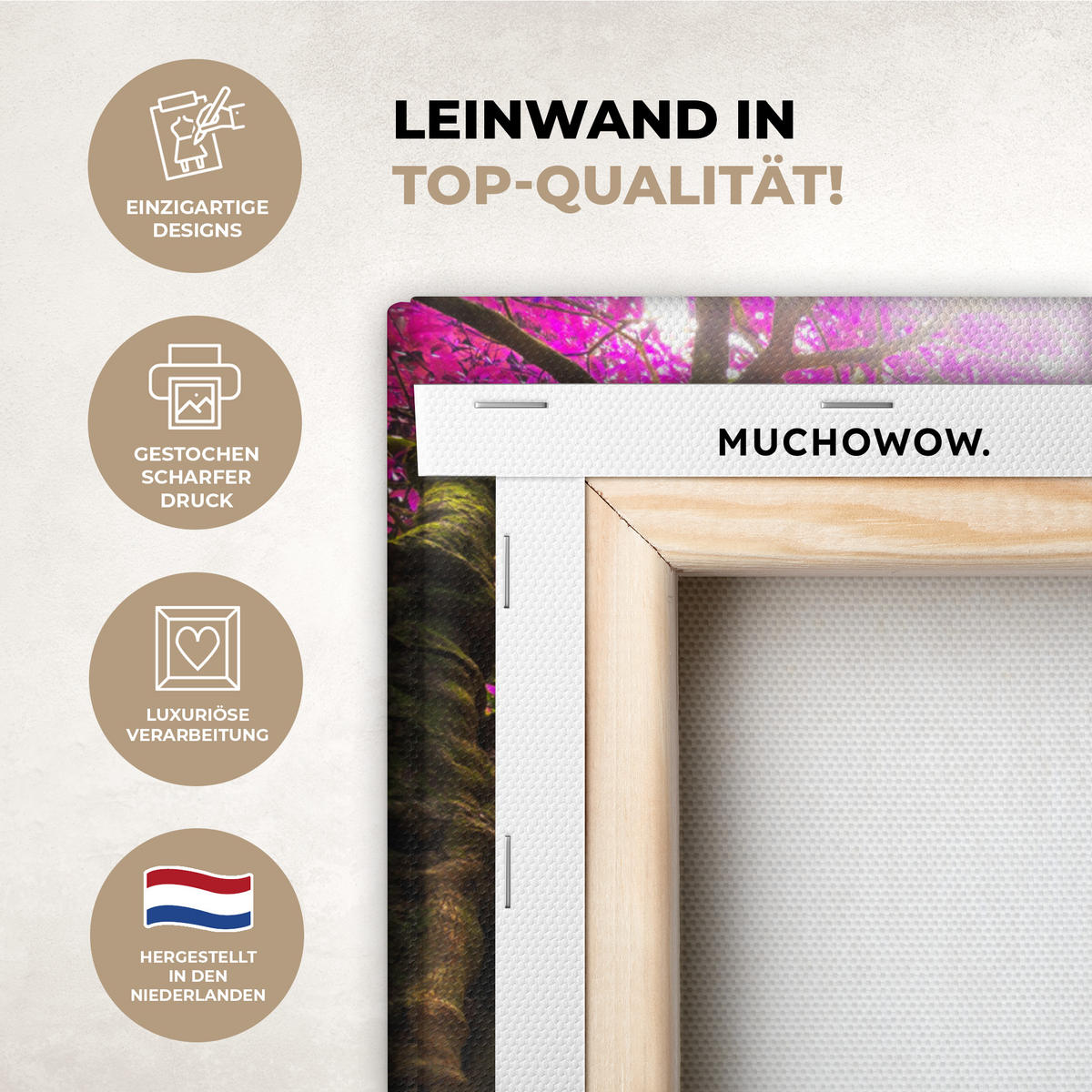 LEINWANDBILD Wasserfall mit bunten Blumen und Bäumen - Natur - Dschungel Wandbild Wohnzimmer 50x50 cm - Waldgrün, Textil (50/50cm) - MuchoWow