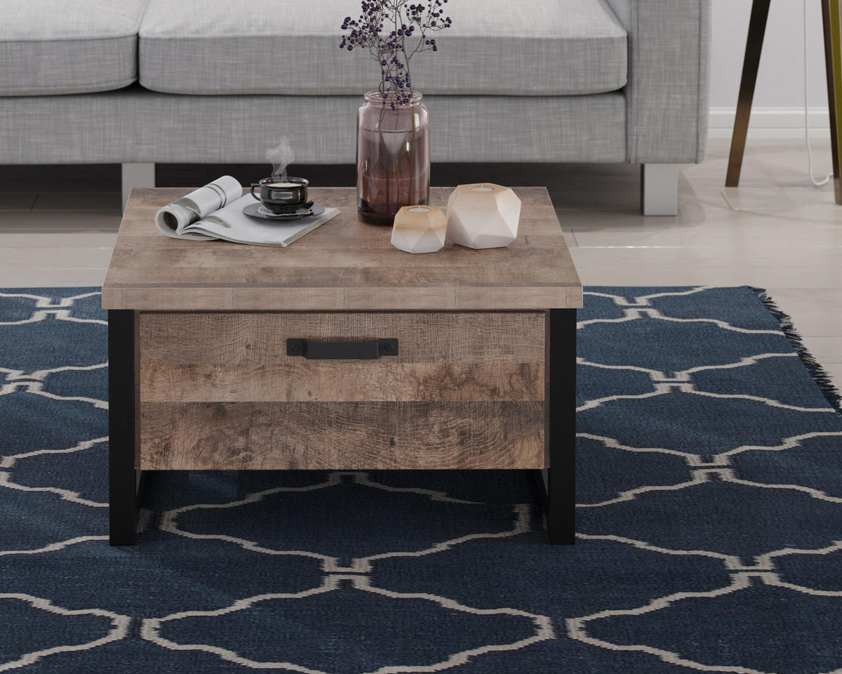 COUCHTISCH Eiche Tabak, schwarz 80 x 80 cm quadratisch, Beistelltisch mit 2x Schubkasten - Eichefarben/Schwarz, Holzwerkstoff/Kunststoff (80/80/45cm) - Top.Furn