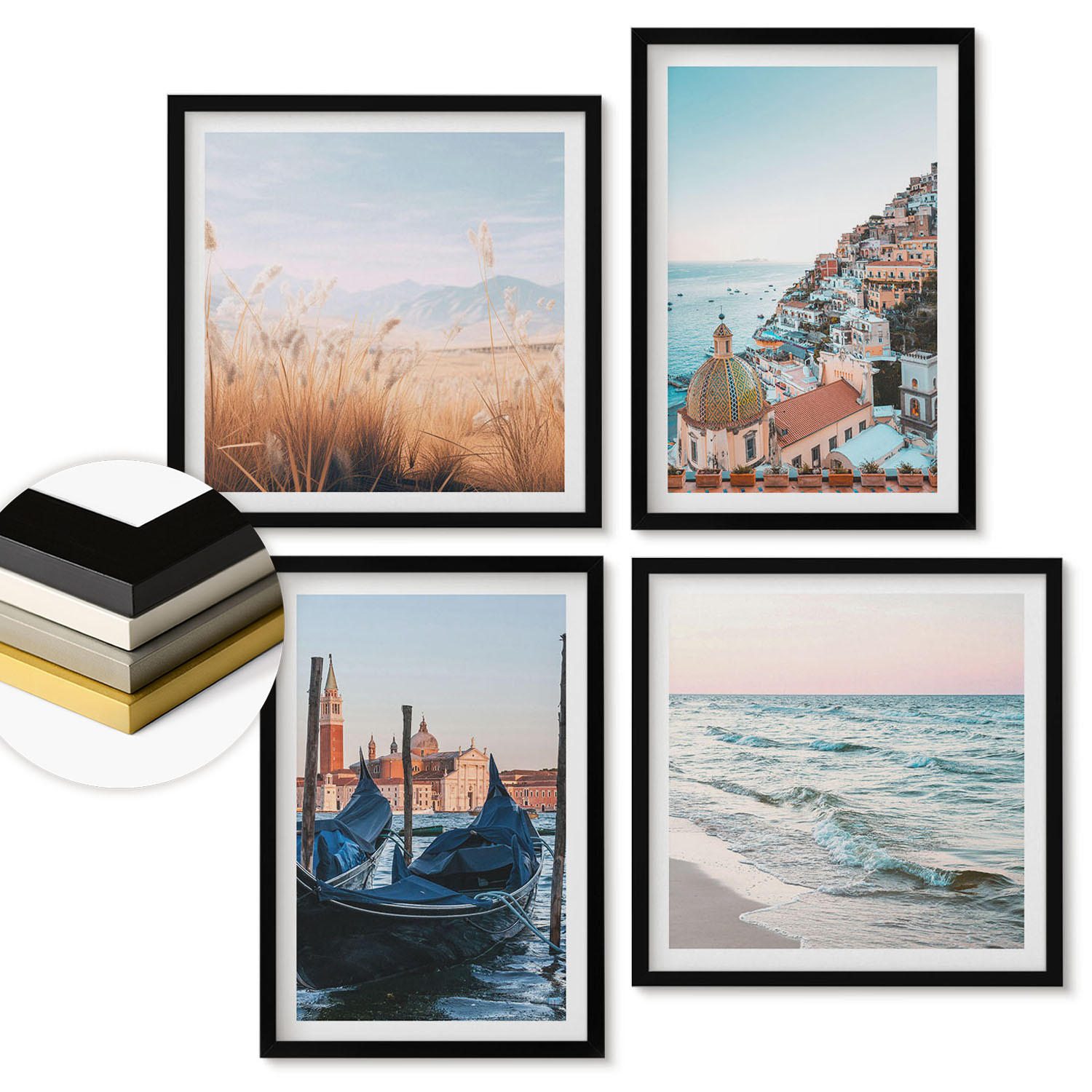 WANDBILDER 4er-Set - 50x50 cm & 40x60 cm Schwarzer Rahmen - Meerblick von Venedig - Schwarz, Kunststoff (50/50cm) - ArtPrintCave