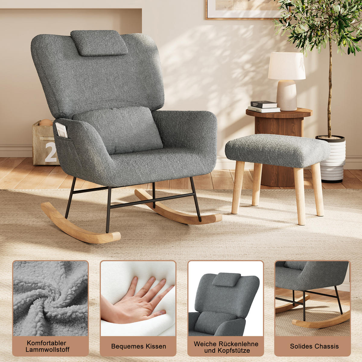 SCHAUKELSTUHL mit Hocker, Grau ,Lendenkissen, Kopfstütze, Seitentaschen und Massivholzsockel, Lammwolle Stoff-für Wohnzimmer, Schlafzimmer - Grau, Holz/Metall (75/42/93cm) - BursDany