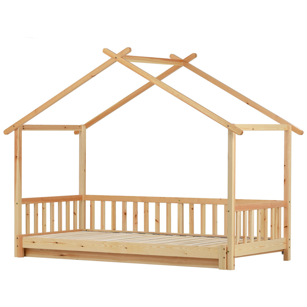 HAUSBETT 208×182×170 ausziehbares Kinder- und Tagesbett, reines Massivholz, natur - Naturfarben, Holz (180/200cm) - Luhomfu