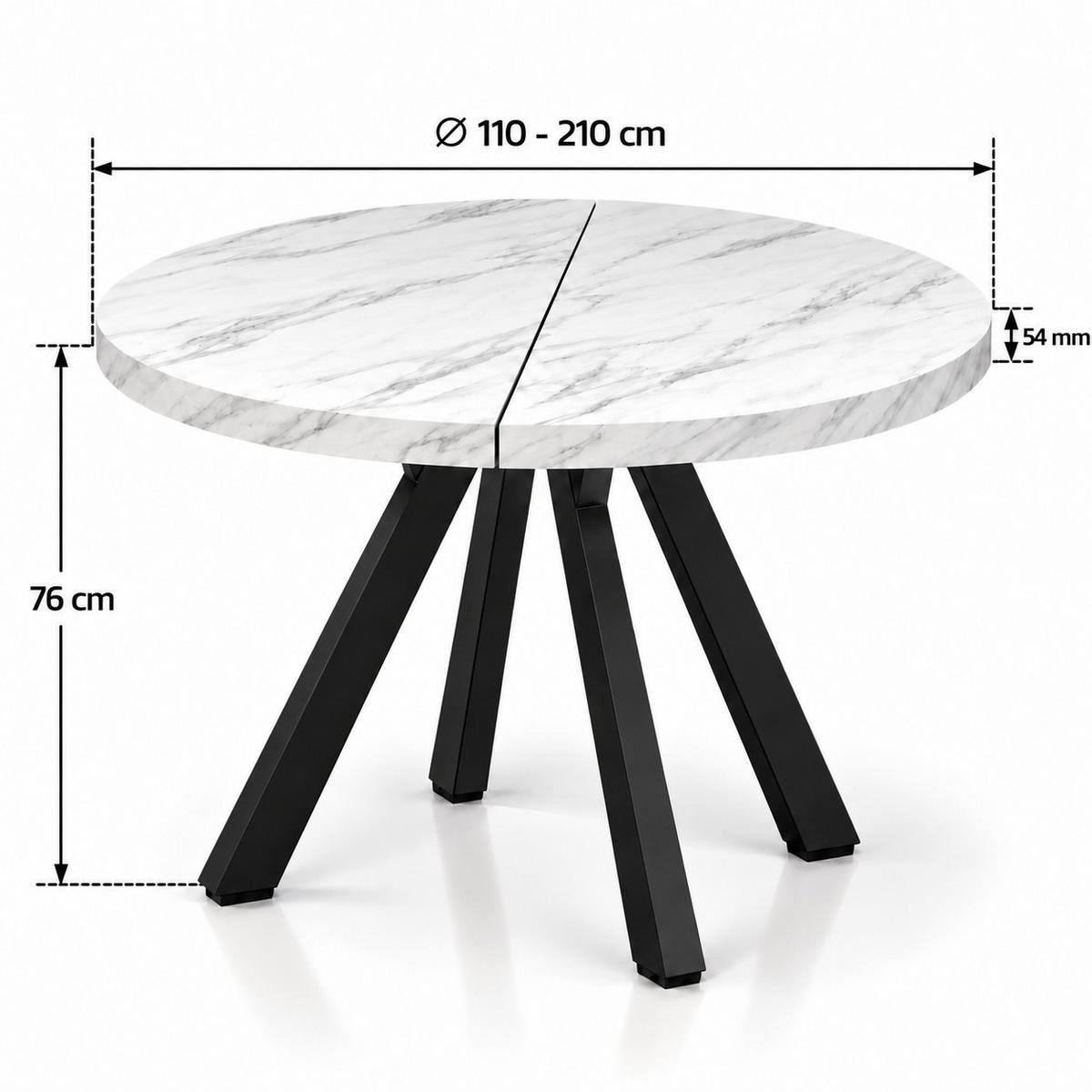 ESSTISCH rund ausziehbar 110/210/76 cm, Marmor, 54 cm Tischplatte + Y Metallgestell Schwarz - Hellgrau/Schwarz, Holzwerkstoff/Metall (110/210/76cm) - Damale Möbel
