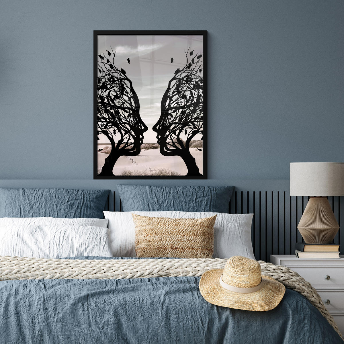 GERAHMTES BILD Strand - Meer - Menschen - Baum - Moderne Kunst 60x80 cm - Hellgrau, Papier (60/80cm) - MuchoWow