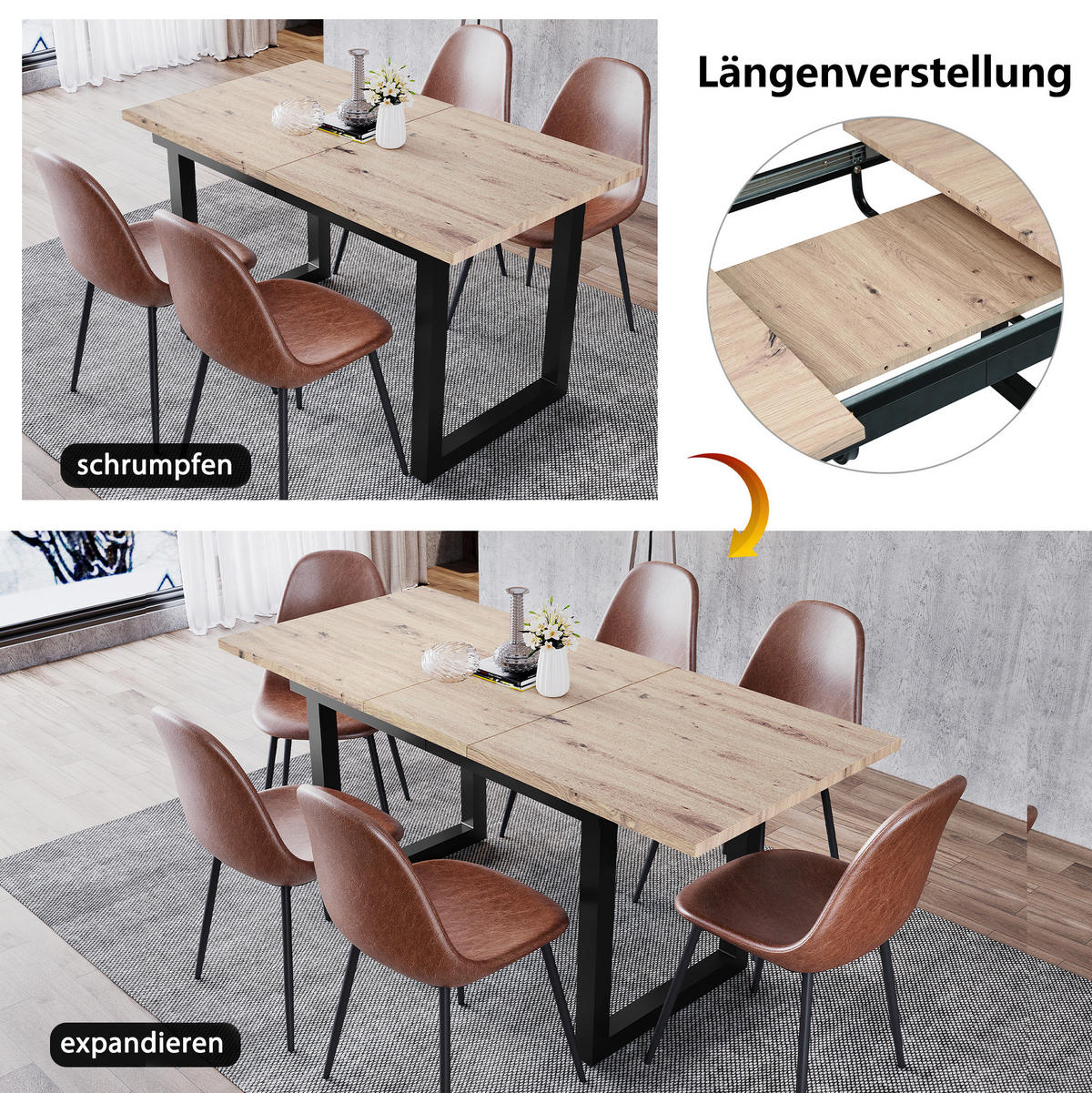ESSTISCH aus MDF 140/180x80x75 cm Schwarz/Natur ausziehbar im Industriestil mit stabilem Metallgestell - Eichefarben, Holzwerkstoff (180/80/75cm) - Modfu