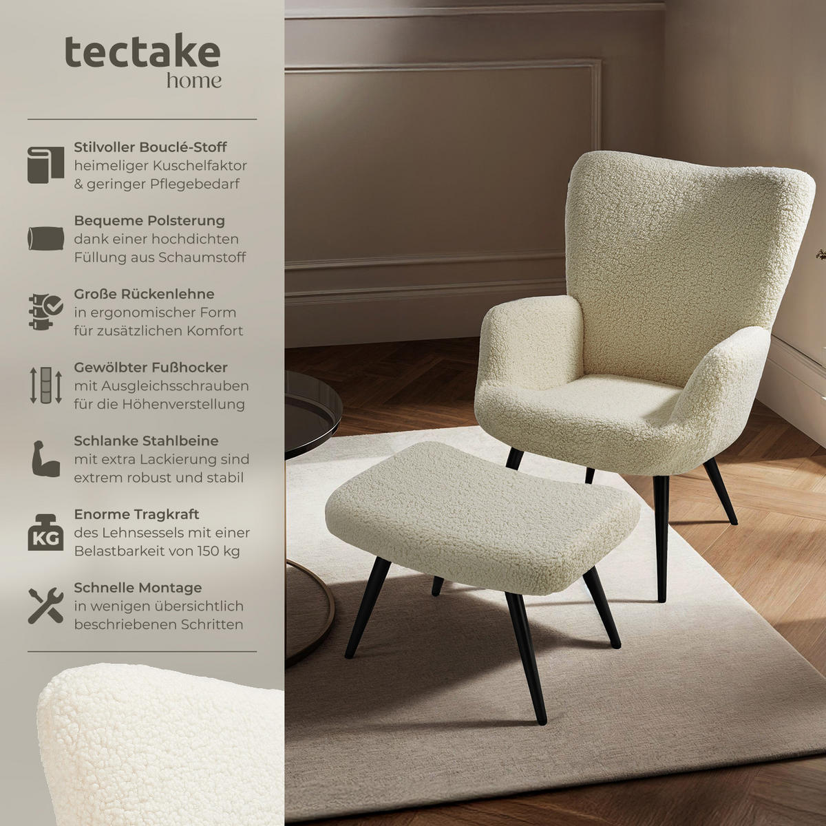 SESSEL Hygge,72 x 76 x 100,5 cm,Bouclé creme/schwarz - Creme/Schwarz, Kunststoff (72/100.5/76cm) - tectake