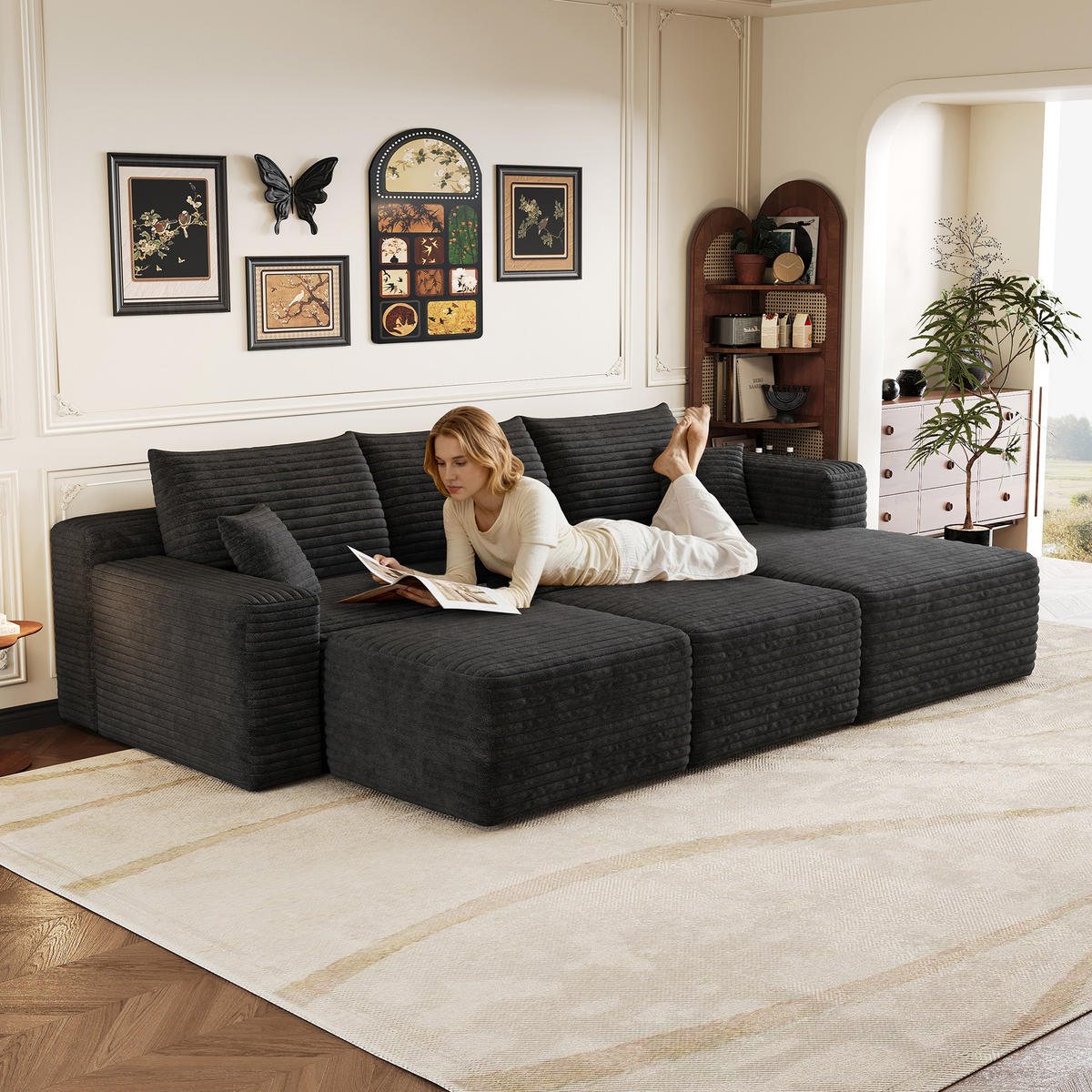 WOHNLANDSCHAFT Cord Schwarz ohne Montage - Schwarz, Textil (241/58/151cm) - WISHDOR