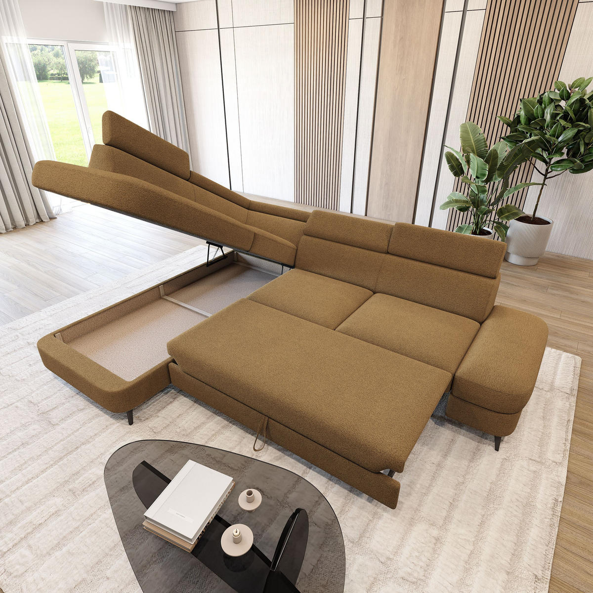 ECKSOFA AVISE Q L-S Orange Boucle-Stoff mit Schlaffunktion - Orange, Holzwerkstoff/Textil (268/195cm) - MASSENO