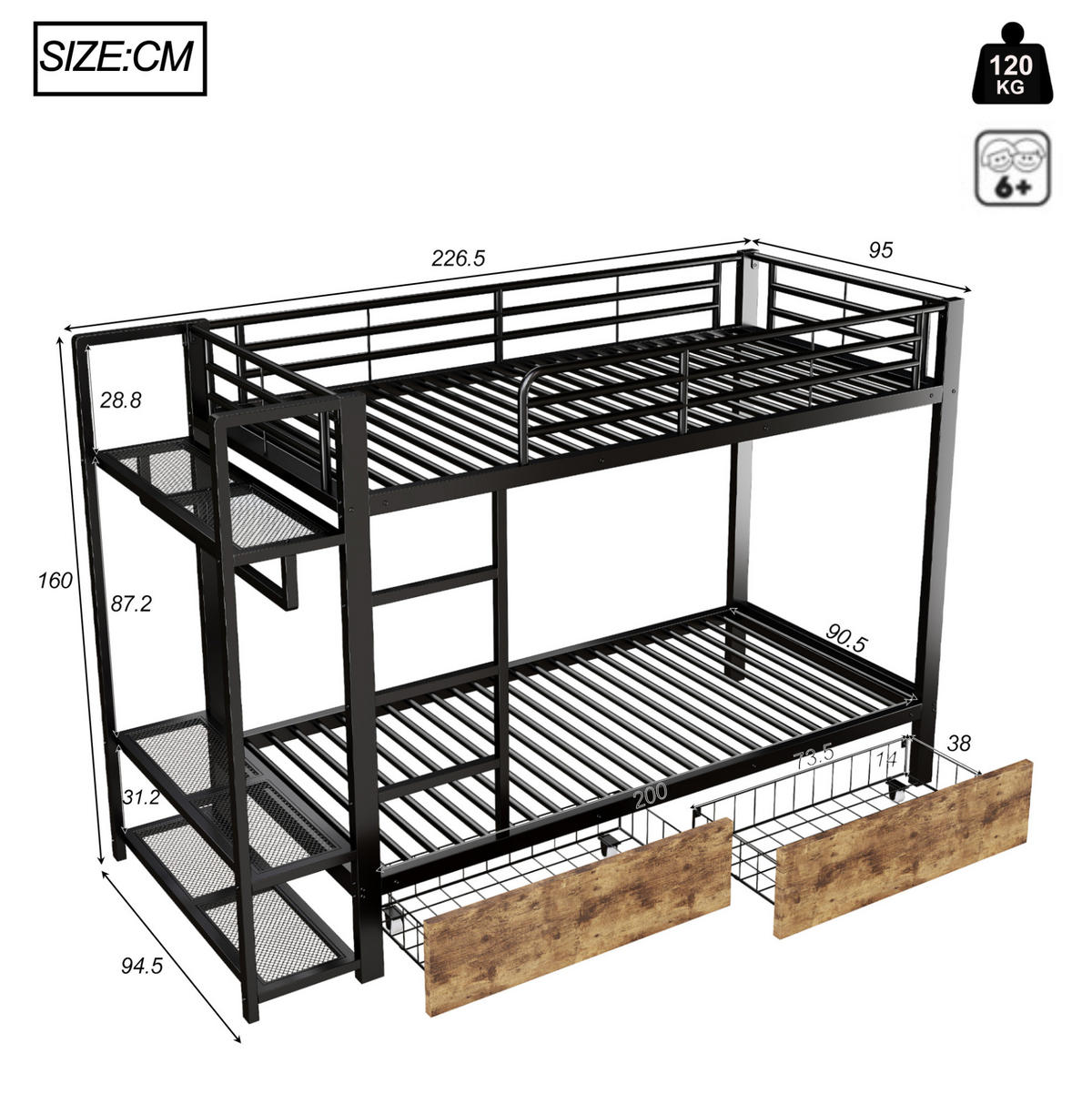 ETAGENBETT 90/200 cm aus Metall mit LED-Lichtleiste, Schubladen, Schwarz - Schwarz, Metall (90/200cm) - OKMYHOME