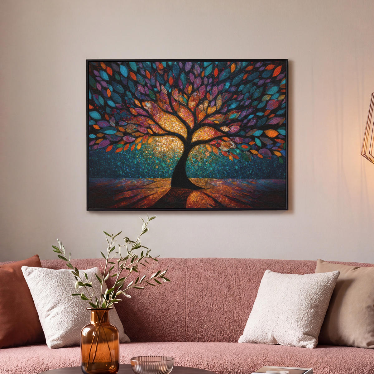 LEINWAND Bilder mit Rahmen - Mosaik - Bunt - Baum - Äste - 80x60 - Multicolor, Textil (80/60cm) - MuchoWow