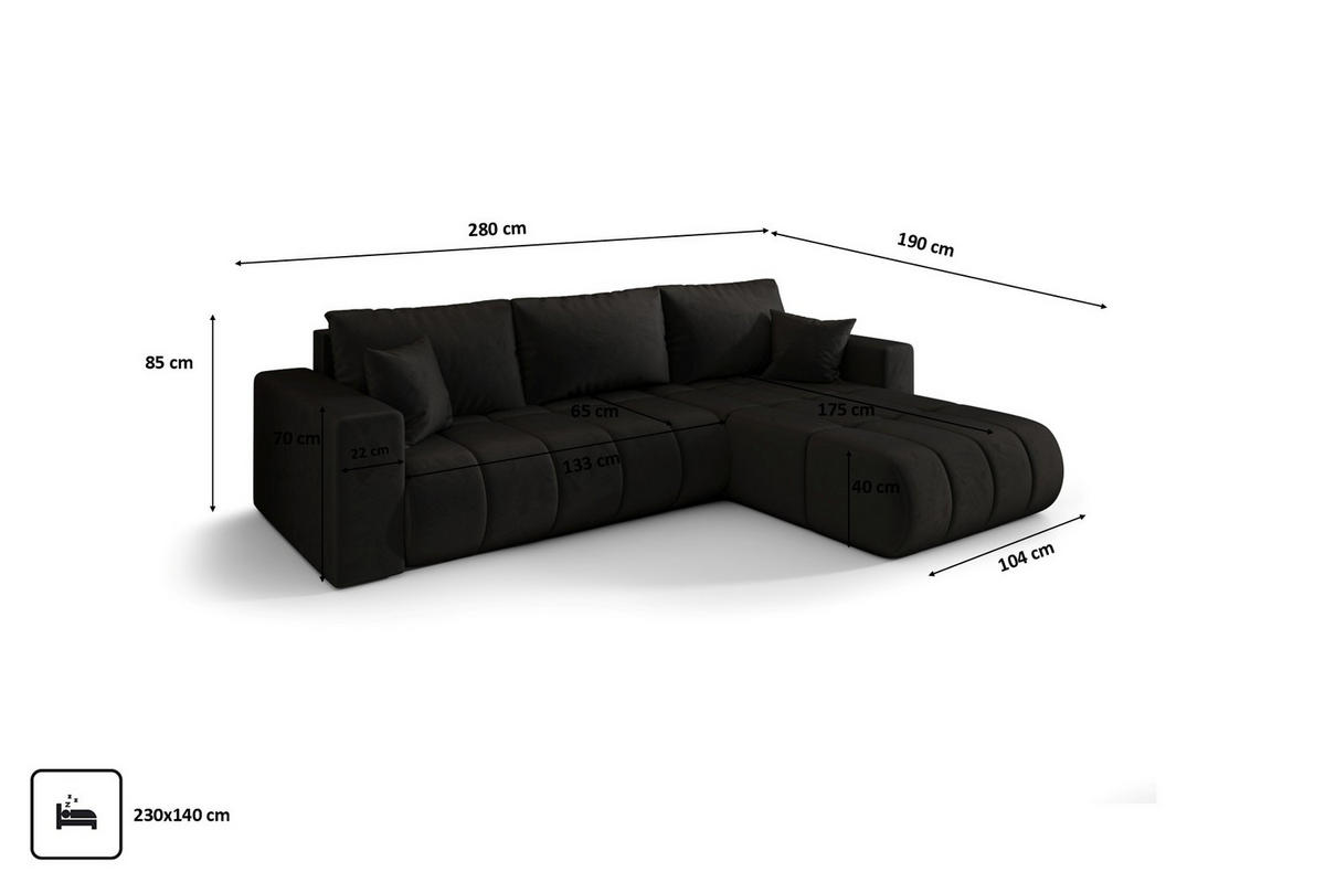 ECKSOFA mit schlaffunktion und bettkasten MILO PREMIUM, stoff MONOLITH, Anthrazit, Rechts - Anthrazit, Holz (280/190cm) - Kaiser Möbel